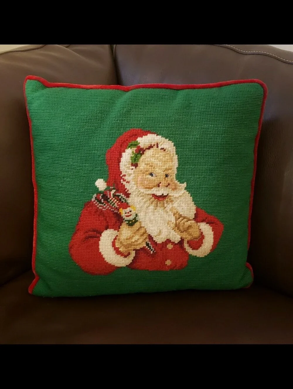 Vintage Mischievous Looking Santa With Jester/Clown Toy Needlepoint Pillow